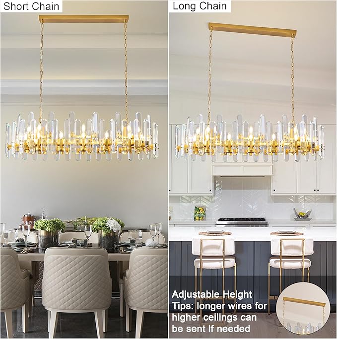 54" Rectangular Chandelier, 24-Light Gold Modern Crystal Chandelier for Dining Room, Kitchen Island, Living Room, Luxury K9 Crystal Adjustable Chain Chandelier Light Fixture