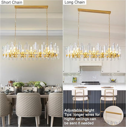 54" Rectangular Chandelier, 24-Light Gold Modern Crystal Chandelier for Dining Room, Kitchen Island, Living Room, Luxury K9 Crystal Adjustable Chain Chandelier Light Fixture
