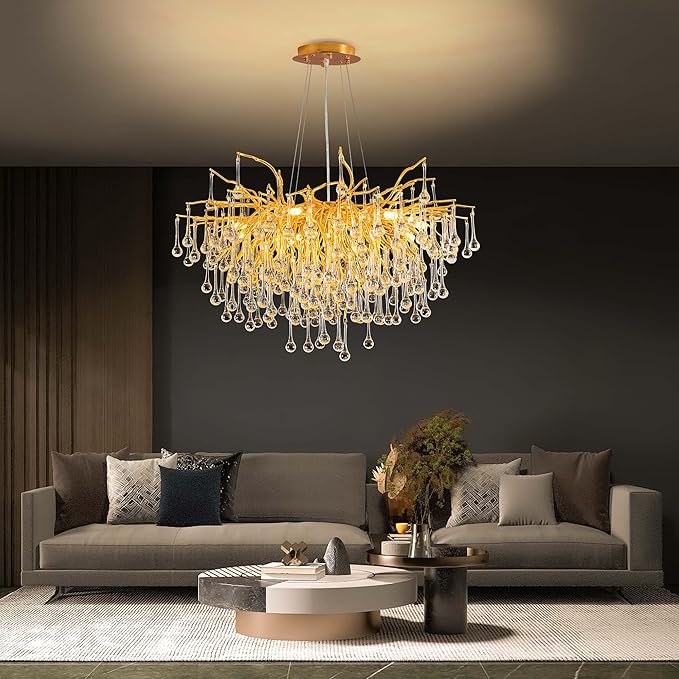Modern Crystal Raindrop Chandelier, Gold Round Art Deco Tree Branch Lighting Fixture for Dining Room Living Room Foyer 13 Lights D31.5''
