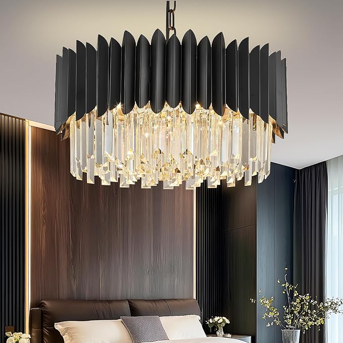 Black Crystal Chandelier 20'' K9 Crystal Round Pendant Lights Adjustable 4-Tier Large Modern Crystal Chandelier 6-Lights for Dining Room Living Room Kitchen Foyer Entryway