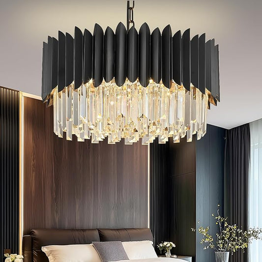Black Crystal Chandelier 20'' K9 Crystal Round Pendant Lights Adjustable 4-Tier Large Modern Crystal Chandelier 6-Lights for Dining Room Living Room Kitchen Foyer Entryway