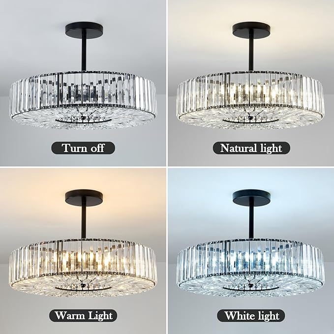 Piepooye 8 Lights Modern Large Crystal Chandelier Black Round Semi Flush Mount Ceiling Light Fixture Farmhouse Chandelier for Dinning Room Living Room Bedroom Hallway Entryway Kitchen
