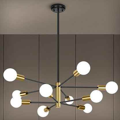 BesLowe 31'' 10-Light Modern Sputnik Chandelier, Mid Century Black & Gold Chandeliers Lighting, Farmhouse Ceiling Hanging Light Fixture for Dining Room Bedroom Room Kitchen Foyer, Height Adjustable
