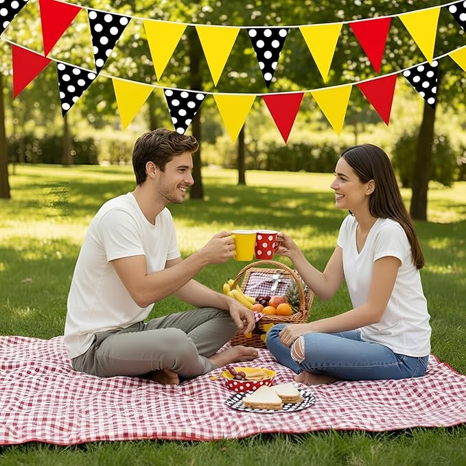 HESTYA 5 Pieces 49 Feet Mouse Pennant Banner Cartoon Party Decorations Cartoon Themed Red Yellow Black White Dot Triangle Flags Bunting Banners for Birthday Wedding Party Decor Indoor Outdoor Supplies