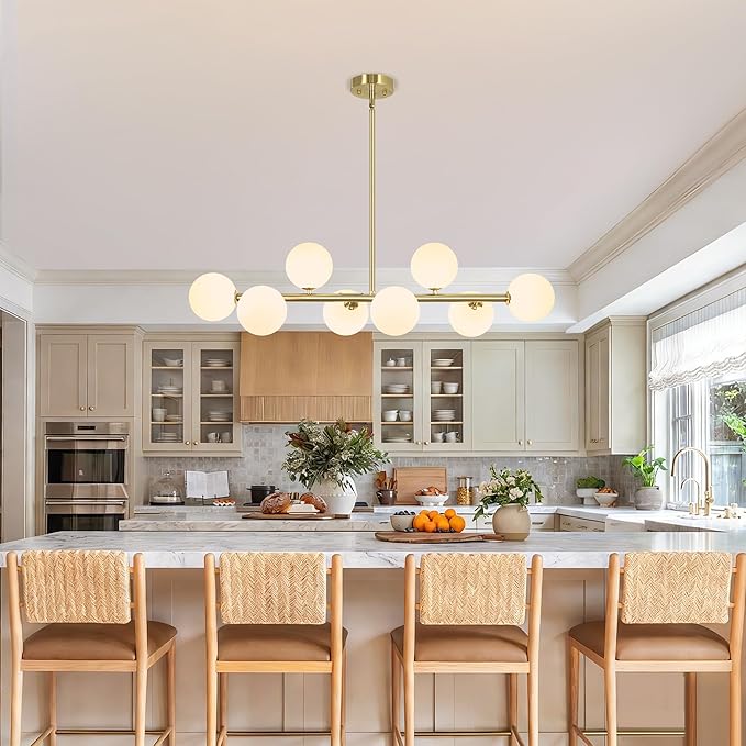 Mid Century Linear Chandeliers for Dining Room, 8-Light Modern Sputnik Chandeliers 37" Gold Chandelier Dining Room Light Fixture White Glass Globe Chandelier Island Lights, Electroplated Brass