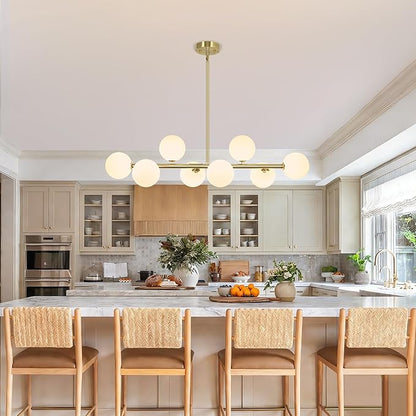 Mid Century Linear Chandeliers for Dining Room, 8-Light Modern Sputnik Chandeliers 37" Gold Chandelier Dining Room Light Fixture White Glass Globe Chandelier Island Lights, Electroplated Brass