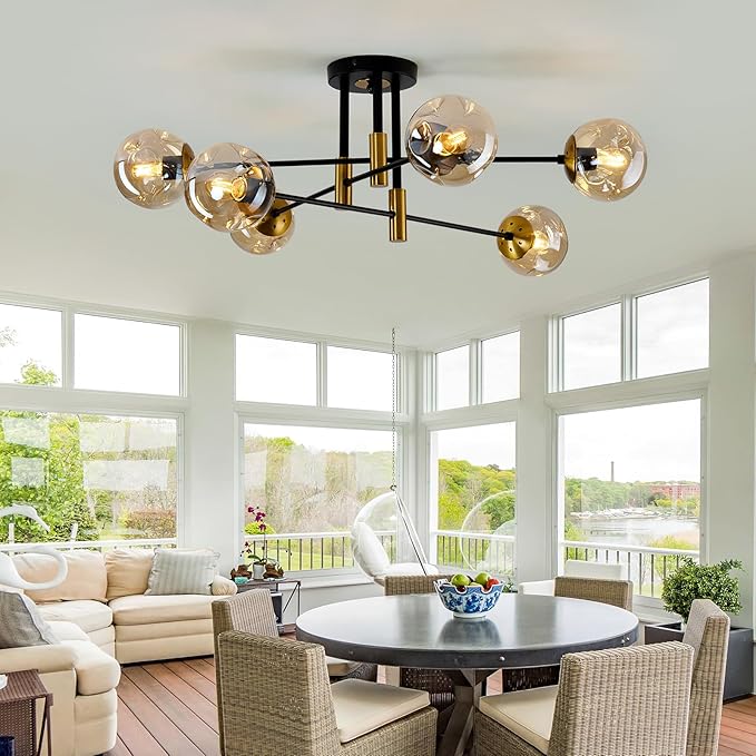 6-Lights Sputnik Ceiling Light Fixture Mid Century Modern Glass Globe Flush Mount Chandelier Black and Gold Farmhouse Lighting for Living Room Dining Room Bedroom Kitchen