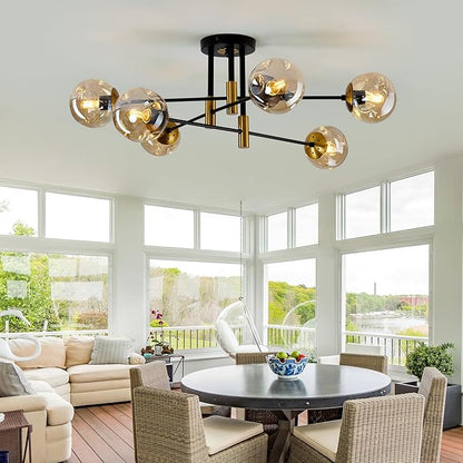 6-Lights Sputnik Ceiling Light Fixture Mid Century Modern Glass Globe Flush Mount Chandelier Black and Gold Farmhouse Lighting for Living Room Dining Room Bedroom Kitchen