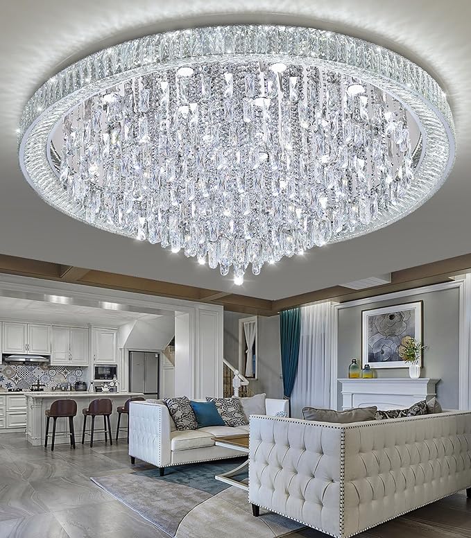 53.7" Modern Chandeliers LED Dimmable Crystal Flush Mount Ceiling Chandeliers for Living Room High Ceiling Entrance Foyer Lobby Bedroom Silver