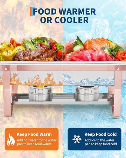 Garvee Chafing Dishes for Buffet Set of 2, 8QT Buffet Servers and Warmers Set with Lid & Foldable Frame, Rectangular Stainless Steel Chafer Food Warmer for Parties Wedding Catering Supplies, Rose Gold
