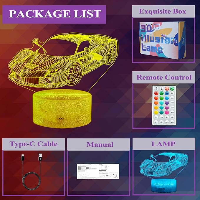 Car Gifts for Men, Racing Vehicle Night Light with Remote Control, 16 Colors Changing, Timer, RGB Flashing Mode and Dimmable, Cool Gifts for Boys Christmas Decor