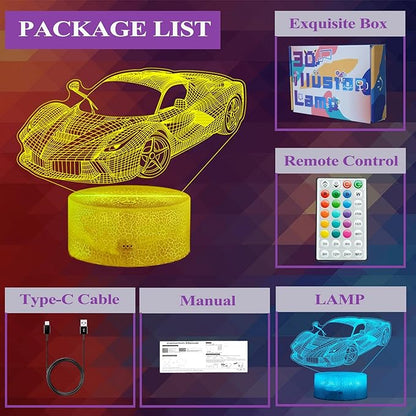 Car Gifts for Men, Racing Vehicle Night Light with Remote Control, 16 Colors Changing, Timer, RGB Flashing Mode and Dimmable, Cool Gifts for Boys Christmas Decor