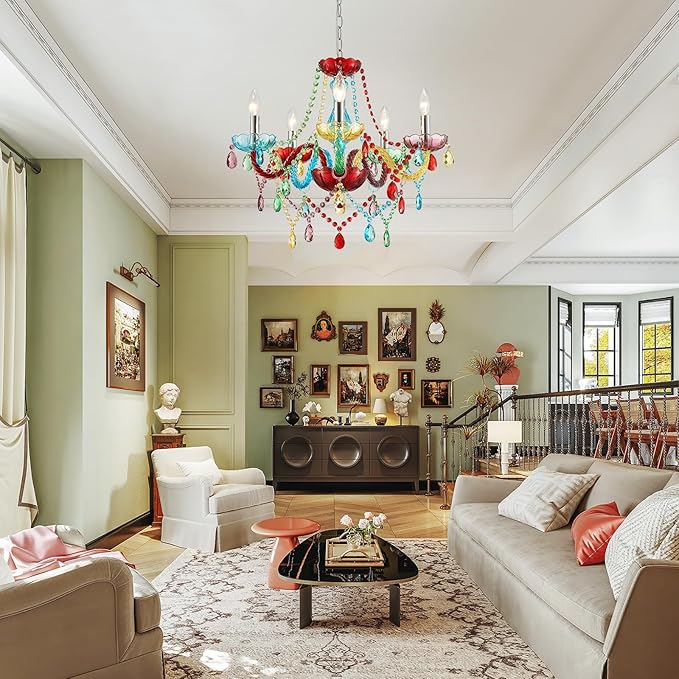 5-Lights Children Chandeliers, Modern Candy Design, Colorful Crystal Chandeliers for Bedroom, Dining Room, D22.8'' × H33.5'', Adjustable Height (33.5"~70.9"), Youth Color & Chrome Finish Frame