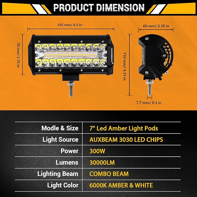 Auxbeam 7 Inch LED Light Bar, 300W 6 Modes Amber White Offroad Lighting, LED Driving Spot Work Light Pod with Wiring Harness for Trucks Car Pickup ATV Jeep Boat Golf Cart(Pack of 2)