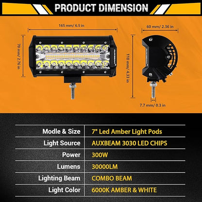 Auxbeam 7 Inch LED Light Bar, 300W 6 Modes Amber White Offroad Lighting, LED Driving Spot Work Light Pod with Wiring Harness for Trucks Car Pickup ATV Jeep Boat Golf Cart(Pack of 2)