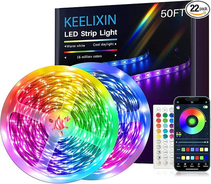 KEELIXIN LED Lights Music Sync RGB LED Strip Lights with APP & Remote Control (50ft-2rolls)