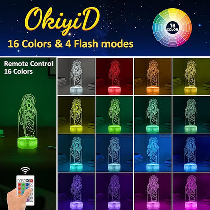 OkiyiD San Judas Tadeo Gifts, 3D San Judas Tadeo Night Light Illusion Lamp with 16 Colors Remote Control, St Jude Religious Prayer Gifts for Women Men Spiritual Decor