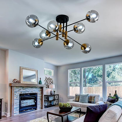 8 Light Glass Globe Ceiling Light Black and Gold Mid Century Flush Mount Sputnik Light Fixture Bubble Chandelier Living Room Farmhouse for Dining Room Kitchen Bedroom.