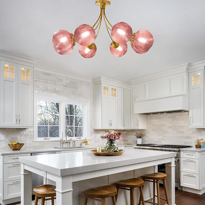 8-Light Sputnik Pink Chandelier Vintage Flush Mount Ceiling Light with Globe Glass Pendant Lights Gold Chandeliers for Dining Room Bedroom Living Room