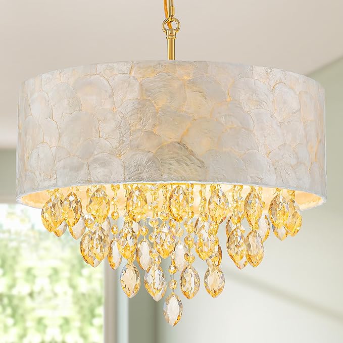 4-Light Drum Capiz Shell Crystal Chandelier, Coastal Style Pendant Light Fixture for Dining Room, Living Room, D18 x H21~68 inch (Height Adjustable), Champagne Crystal & Gold Finish