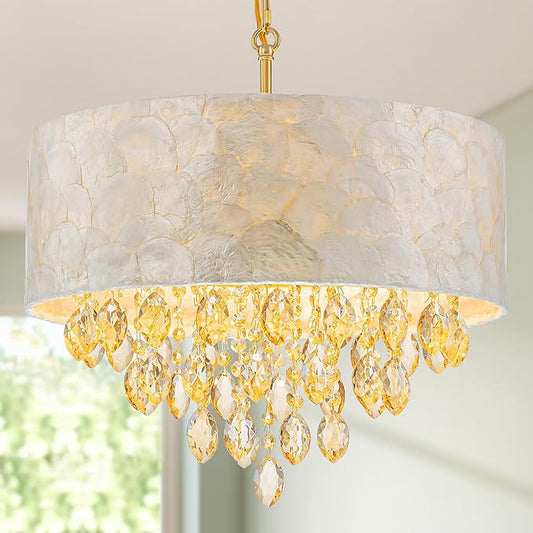 4-Light Drum Capiz Shell Crystal Chandelier, Coastal Style Pendant Light Fixture for Dining Room, Living Room, D18 x H21~68 inch (Height Adjustable), Champagne Crystal & Gold Finish