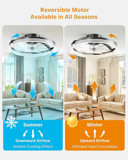 Ceiling Fans with Lights and Remote Low Profile Flush Mount LED Ceiling Fan with Lights 3000K-6500K Dimmable Foldable Fandelier Light 6 Wind Speeds Night Light for Bedroom Living Room Black Striped