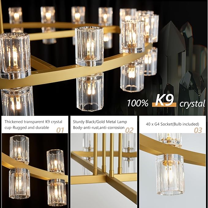 48" Gold Wagon Wheel Crystal Chandelier, Modern Round Chandelier for Dining Room Table, K9 Crystal Ceiling Chandelier for Living Room Entryway Foyer, Includes 40× G4 Bulbs
