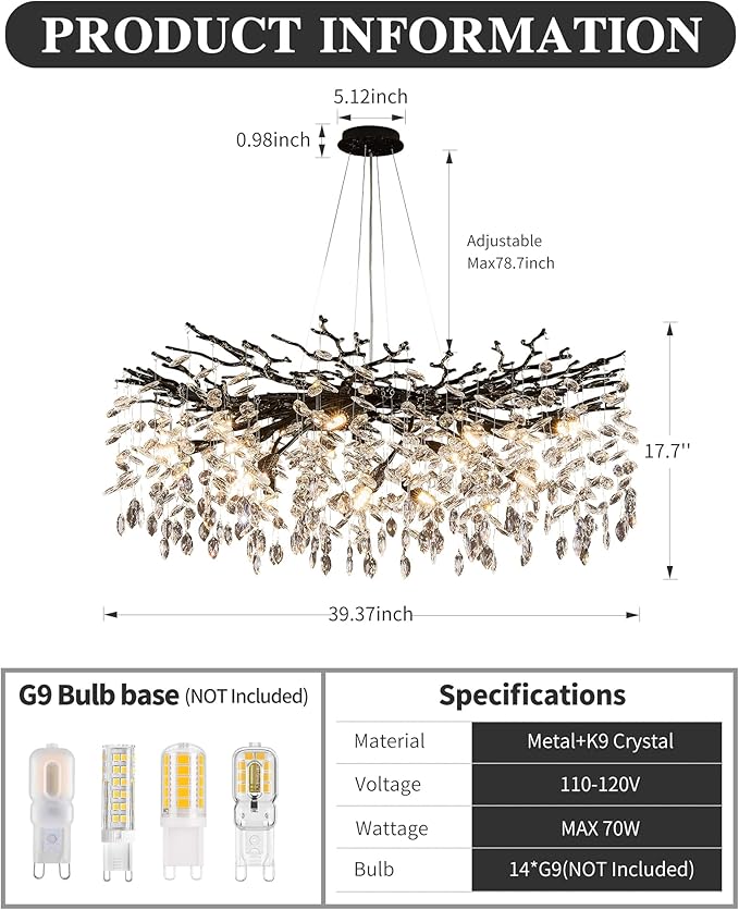 Modern Black Tree Branch Crystal Chandelier Luxury Crystal Pendant Lighting 40" Contemporary 14-Light Chandeliers for Dining Room Kitchen Bedroom Living Room