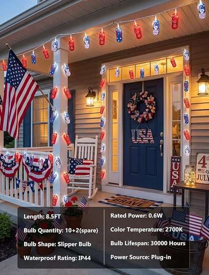 GOOTHY 4th of July Decorations Lights, 8.5Ft 10 Outdoor American Flag Slippers String Lights, Connectable Patriotic Flip Flop Fairy Lights for Outdoor Independence Day Memorial Day Summer Beach Party