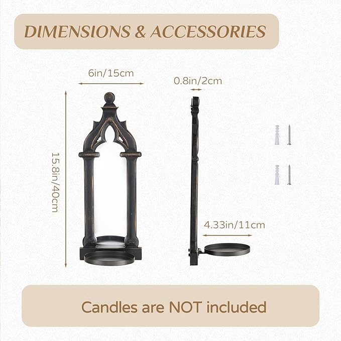 Candle Sconces Farmhouse Wall Decor - Black Gothic Dark Mirror Wall Candle Holder for Halloween Art Decorations - Wood Rustic Candles Sconce Set of 2 for Livingroom Fireplace