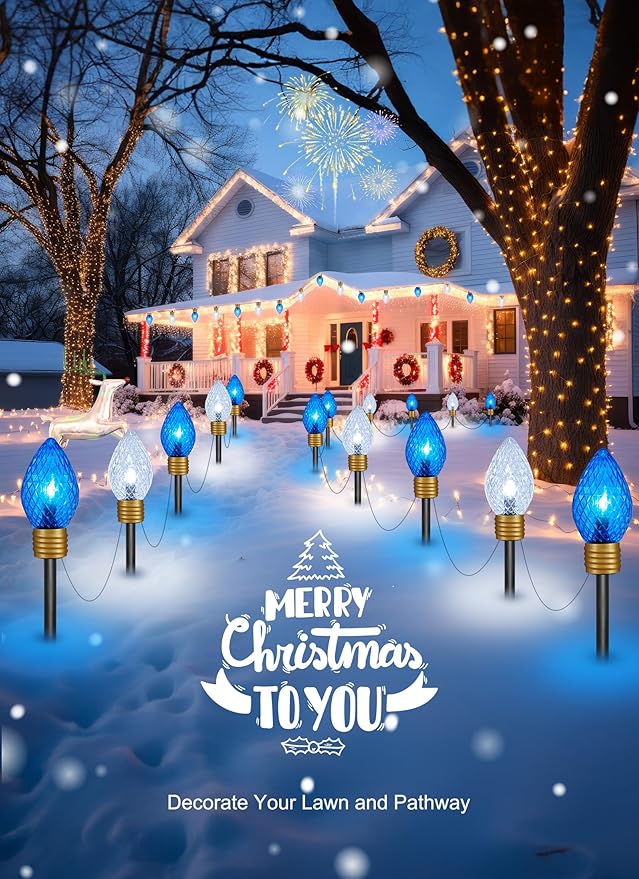 Brightown Strawberry Jumbo C9 Christmas Pathway Lights Outdoor -2 Pack Total 17 Feet 10 LED Jumbo C9 Walkway Lights, Christmas Light Outdoor Decorations for Lawn Outside Holiday, Blue & Pure White