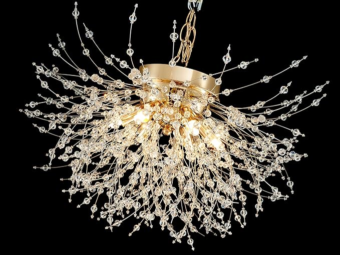 AGV LIGHTING CL023G Crystal Ceiling Light, Close to Ceiling Flushmount Light Fixture, Firework Design Dandelion Shape, 6-Lights, D18 x H10, Gold Finish