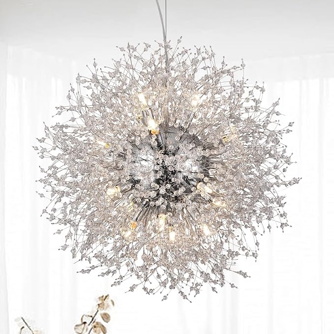 Modern Crystal Chandeliers, Dandelion Beaded Lighting, Sputnik 16-Light Chrome Hanging Lamp, Round Firework Pendant Light for Dining Room Living Room Kitchen Island Bedroom (Chrome, D25.5inch)