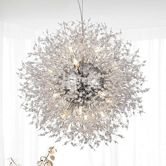 Modern Crystal Chandeliers, Dandelion Beaded Lighting, Sputnik 16-Light Chrome Hanging Lamp, Round Firework Pendant Light for Dining Room Living Room Kitchen Island Bedroom (Chrome, D25.5inch)