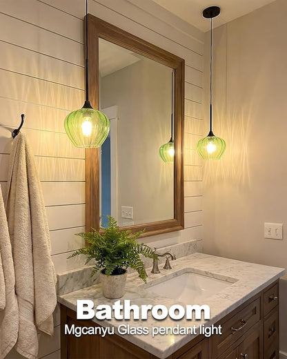 2-Pack Green Pendant Lights Kitchen Island, 7" Vintage Glass Pendant Lighting Fixtures Mini Hanging Light for Kitchen, Dining Room, Bathroom, Bedroom