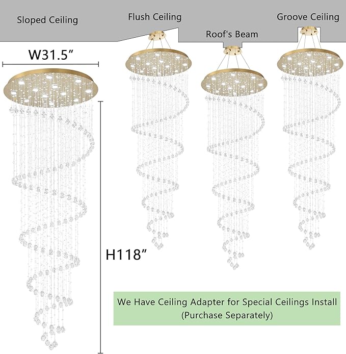 HAIXIANG 118 Inches Crystal Glam Chandelier Long Light Chandeliers with Dimmable Light Bulbs Gold High Ceiling Pendants Light Fixtures for Foyer Entryway Living Room Stair