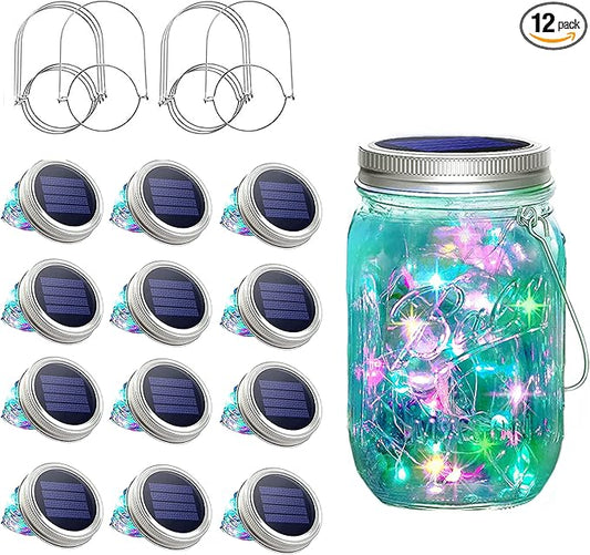 SunKite Solar Mason Jar Lights, 12 Pack 30 LED Waterproof Fairy Firefly Jar Lids String Lights with Hangers(NO Jars), Patio Yard Garden Wedding Decoration - Multicolored1