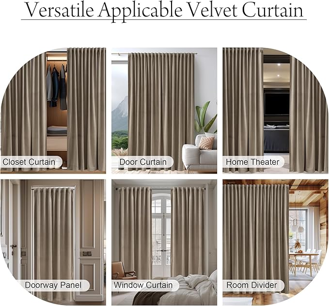 StangH Camel Beige Sliding Door Curtains - Super Soft Velvet Thermal Insulated Drapes Luxury Back Tab Privacy Room Dividers for Living Room Theater Store Office, W100 x L96, 1 Panel