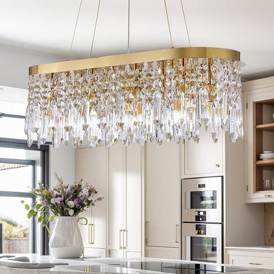 Siljoy Modern Crystal Chandelier for Dining Room, 8-Light Rectangular Gold K9 Crystal Raindrop Pendant Ceiling Light Fixture for Living Room Kitchen Island Bar L31.5'' x W11'' x H11''