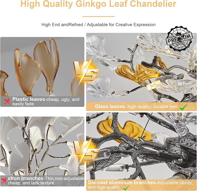 AioTio Black Modern Chandeliers for Dining Room, D21.6'' Round Tree Branch Glass Ginkgo Leaf Farmhouse Chandelier,Silver Art Deco Ceiling Hanging Chandelier for Living Room,Entryway,Foyer,Kitchen