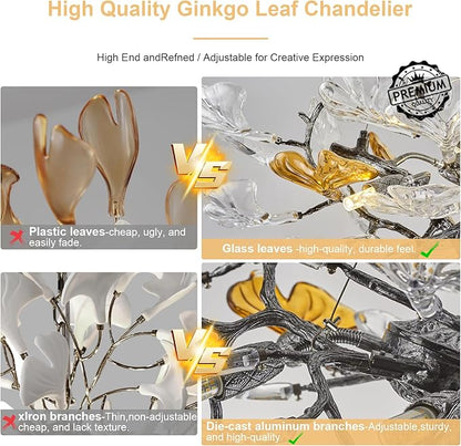 AioTio Black Modern Chandeliers for Dining Room, D21.6'' Round Tree Branch Glass Ginkgo Leaf Farmhouse Chandelier,Silver Art Deco Ceiling Hanging Chandelier for Living Room,Entryway,Foyer,Kitchen