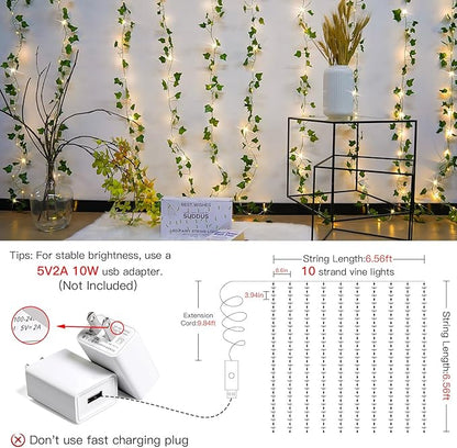 suddus Vines with Light for Bedroom, 200 LED Fairy Lights with Vines, Ivy Curtain Lights for Dorm, Wedding, Party, Wall, Indoor, Outdoor Decor, 6.5ft x 6.5ft with Remote（Warm White）