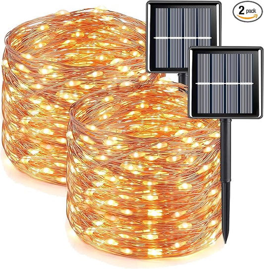 QITONG Warm White Solar Fairy Lights, 2 Pack Each 66ft 200 LED String Lights Outdoor, Silver Wire Solar Christmas Mini Lights