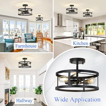 SKEJAO Semi Ceiling Light Fixture,3-Light Black Flush Mount Ceiling Light,13 Inch Hallway Light fixtures Ceiling,Light Fixtures Ceiling Mount for Farmhouse,Kitchen (2, 13.1 inch)