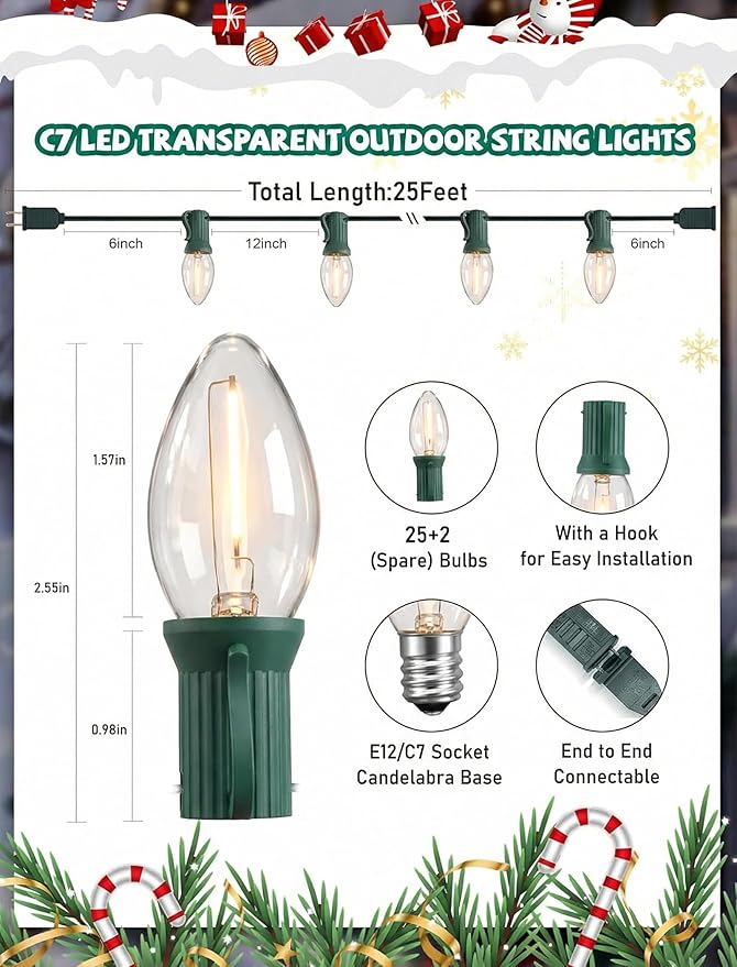 C7 LED Christmas Lights, 25Ft Vintage C7 Christmas Lights with 27 LED Clear Bulbs, Hanging Connectable String Light for Patio Garden Holiday Home Xmas Decor