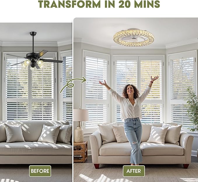 LUDOMIDE 22" Modern Crystal Chandelier Ceiling Fan With Light, Smart 4-Light Color Change, LED Fandelier, Low Profile for Bedroom (Silver)