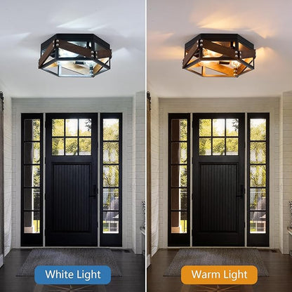 XSDeTu Farmhouse Flush Mount Ceiling Light, 3-Light Hallway Lights with Metal and Wood, Industrial Kitchen Light Fixtures Ceiling Mount, Rustic Black Chandelier for Bedroom Living Room Bathroom