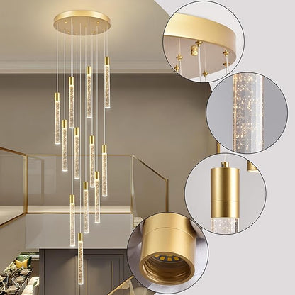 12-Lights Bubble Chandelier for Entryway High Ceiling-137 Height Adjustable Crystal Chandelier,3 Color Temperature Dimmable LED Pendant Light Fixture for Foyer Living Room Staircase,Gold