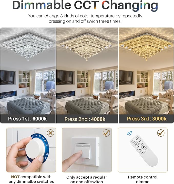 Miuyhji Elegant LED Crystal Raindrop Ceiling Light, 30 Inch Square Flush Mount Chandelier with Remote for Living Room Kitchen Island Bedroom Hallway Entryway Foyer (Dimmable)