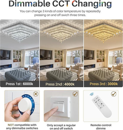 Miuyhji Elegant LED Crystal Raindrop Ceiling Light, 30 Inch Square Flush Mount Chandelier with Remote for Living Room Kitchen Island Bedroom Hallway Entryway Foyer (Dimmable)